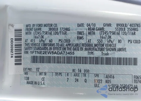 2010 Ford E-250 Commercial/Recreational из США, поврежденный, VIN 1FTNE2EW5ADA73455